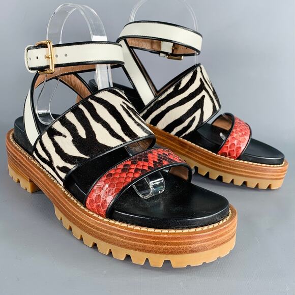 MARNI Size 8 Black Multi Color Leather Mixed Patterns Calf Hair Sandals - Picture 1 of 8